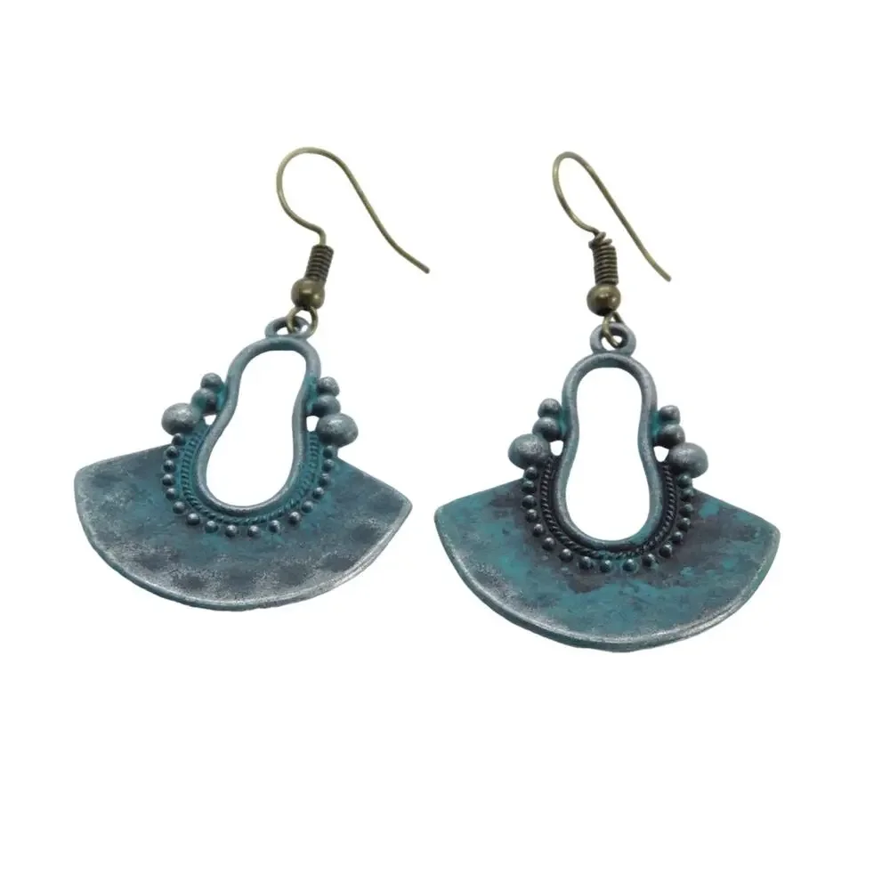 Anthropologie Turquoise Pewter Geometric Drop Earrings Western Retro